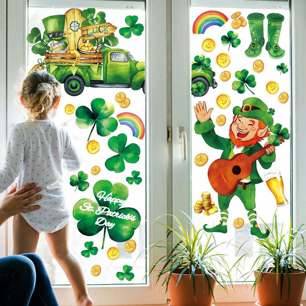 119PCS St Patricks Day Window Clings,Reble St Patricks Day Decorations,Double Sided Green Shamrock Window Clings,Irish Static Saint Patrick's