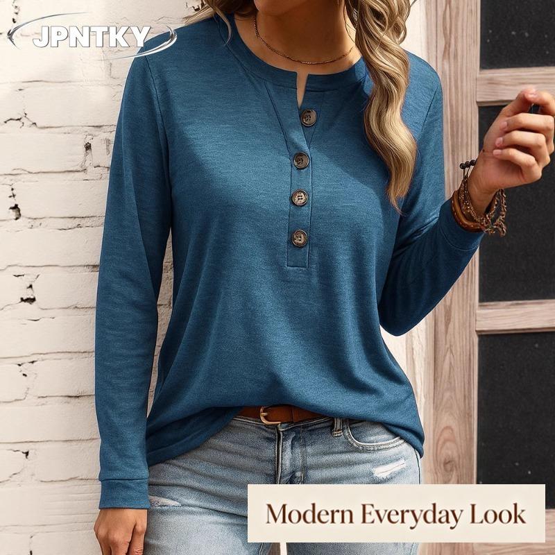 JPNTKY Women's Fashion Casual Solid Color Print Long Sleeve O-Neck Blouses & Shirts