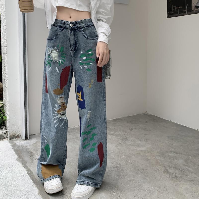 Fashion Colorful Doodle Ripped Jeans Women High Waisted Slim Straight Leg Wide Leg Pants Women Vintage Blue Casual Denim Trousers Lady 24247