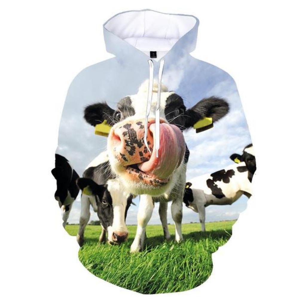 Spring and Autumn Pullover Sweatshirt 3D Pastoral Cow Print Hoodie Men's Fashion Long-Sleeve Lightweight Top