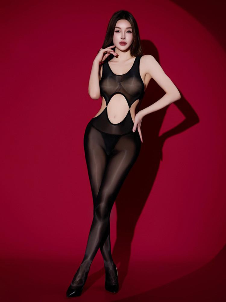 Sexy Oil Glossy Shiny Sexy Tight Bodystocking Open Crotch Bodysuit Hollow Out OnePiece Body Stockings Leotard See Through Tights