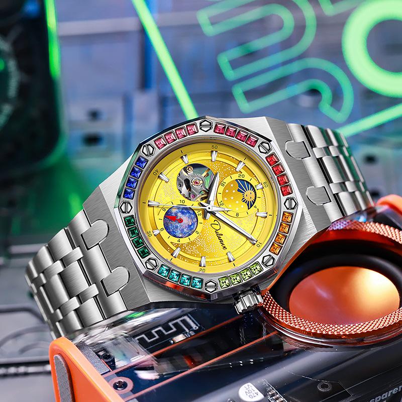 Rhinestone Set Bezel Design Men Automatic Steel Mechanical Watch Tourbillon Luminous Waterproof Men's Wrist Watch