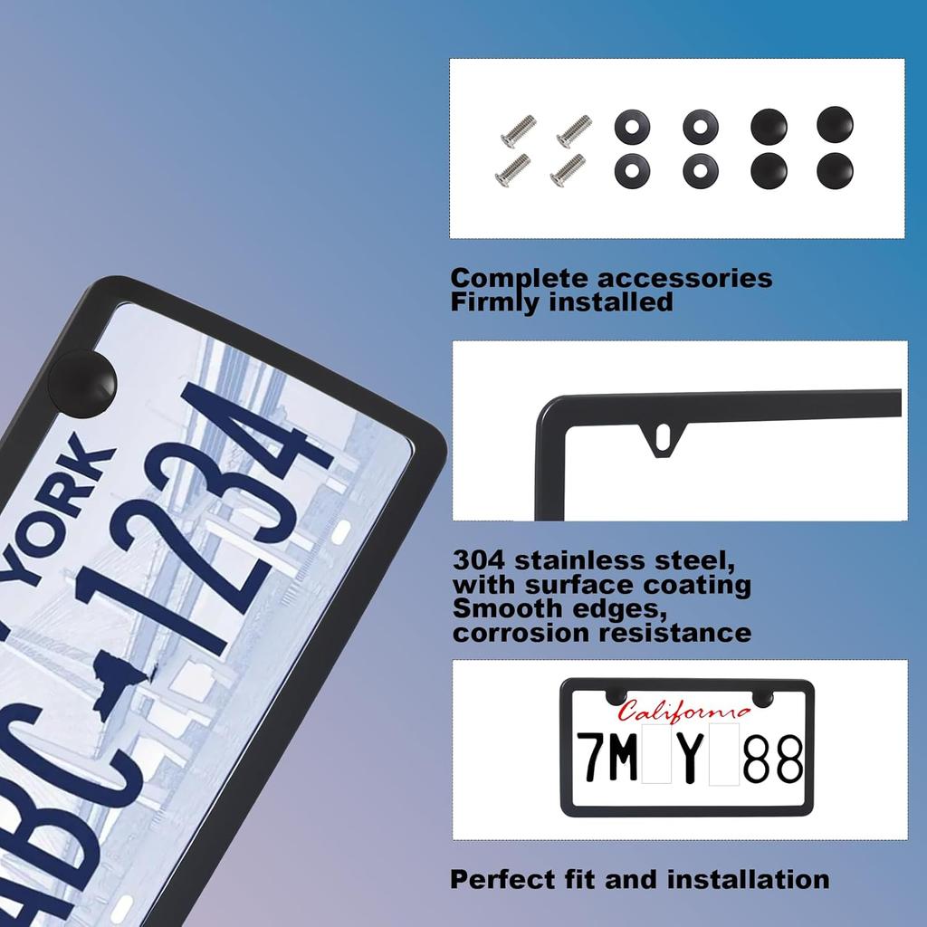 2PCS Premium Matte Black License Plate Frames, 2 Holes Solid Rust-Free Stainless Steel, Rattle-Free Heavy Duty License Plate Bracket Holder,