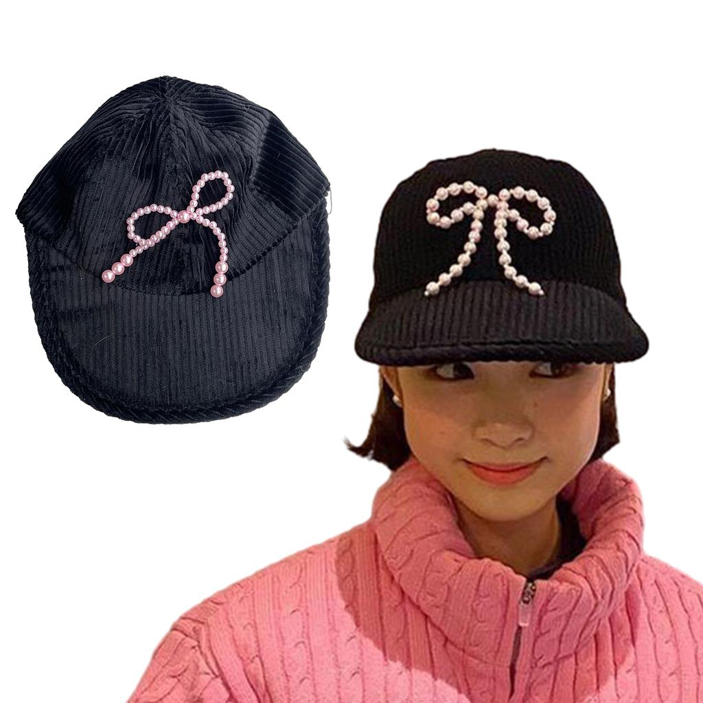 Pearl Bowknot Baseball Cap for Teens Girl Autumn Winter Corduroy Baseball Hat Fashionable Sun Hats for Women Casual Cap