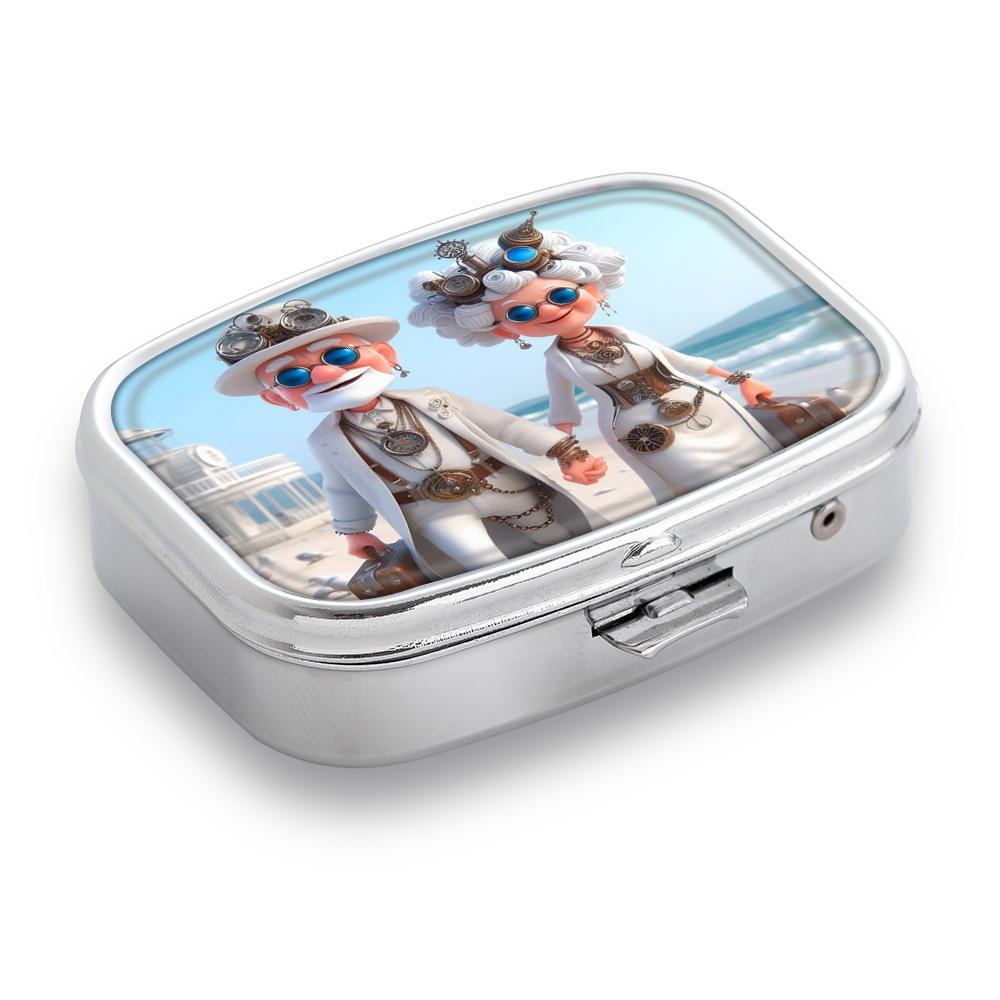 Portable Pill Box with 2 Compartments, Mini Metal Medicine Organizer Case, Cute Printed Pill Container for Vitamins, Pills, Jewelry, Travel, Daily Use