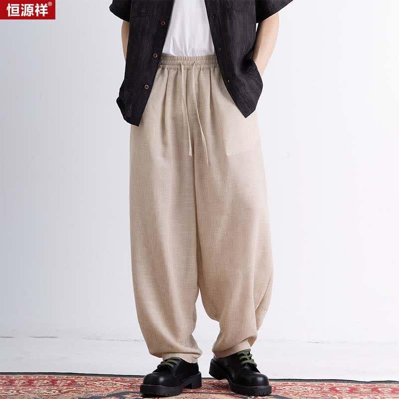 Hengyuanxiang Men's Chinese Style Linen Blend Casual Harem Cropped Pants