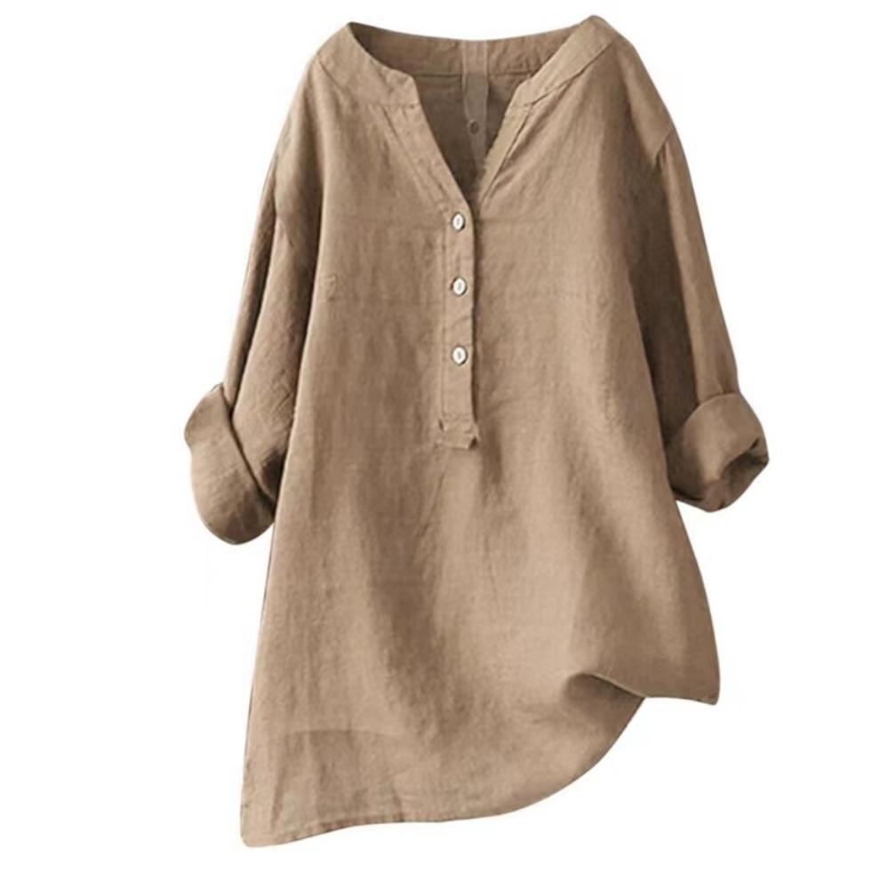 Women's V Neck Long Sleeve Linen Shirt Loose Fit Casual Commuter Blouse for All Occasions