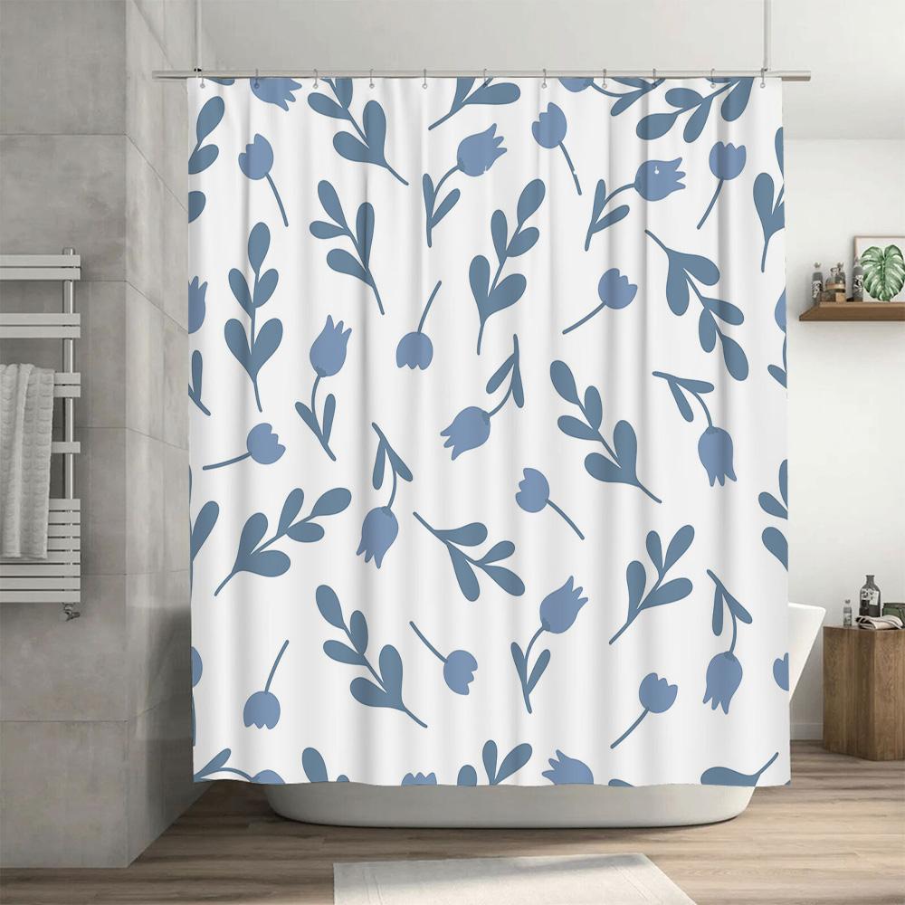 Rideau de Douche Floral Bleu Tissu Blanc Impression Serviette de Bain, Décoration d'Intérieur Rideaux de Douche Imperméables avec Anneaux Ensemble pour Salle de Bain D