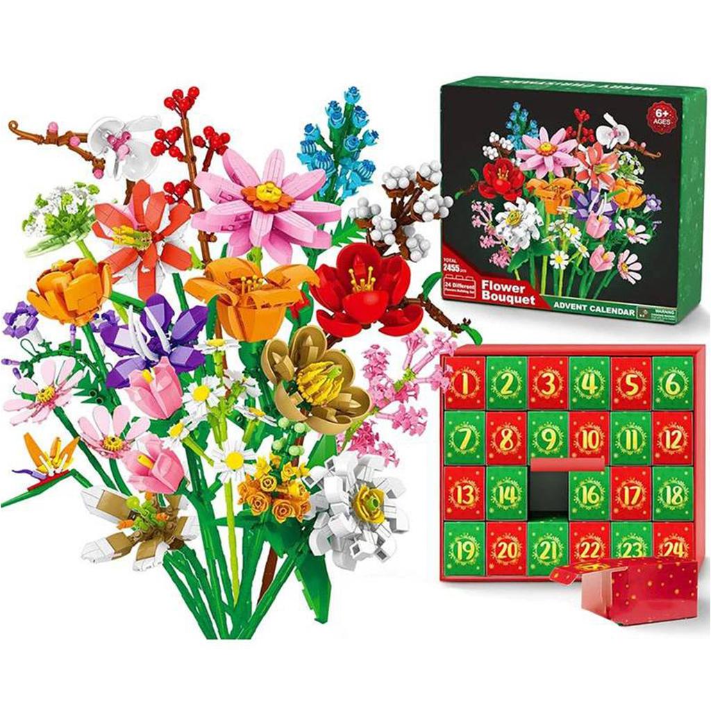 2025 Christmas Arrival Calendar Flower Building Block 24-day Christmas Countdown Diy Flower Bouquet Decor Holiday New Year Gifts
