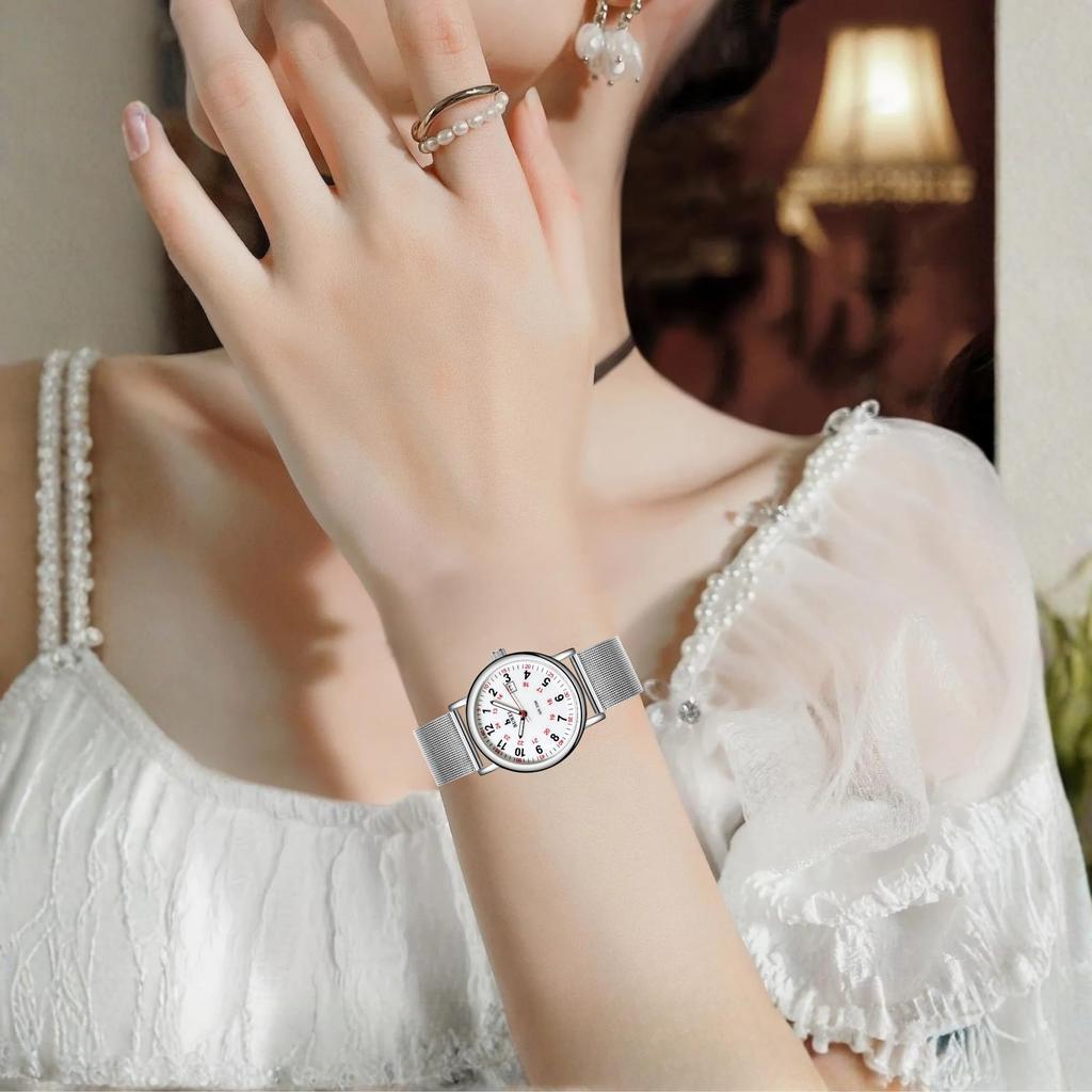 BUREI Analog Quartz Date Luminous Silver Stainless Steel Simple and Perfect for or Any Perfect Gift Women's Watch, Waterproof, 24-Hour Display,