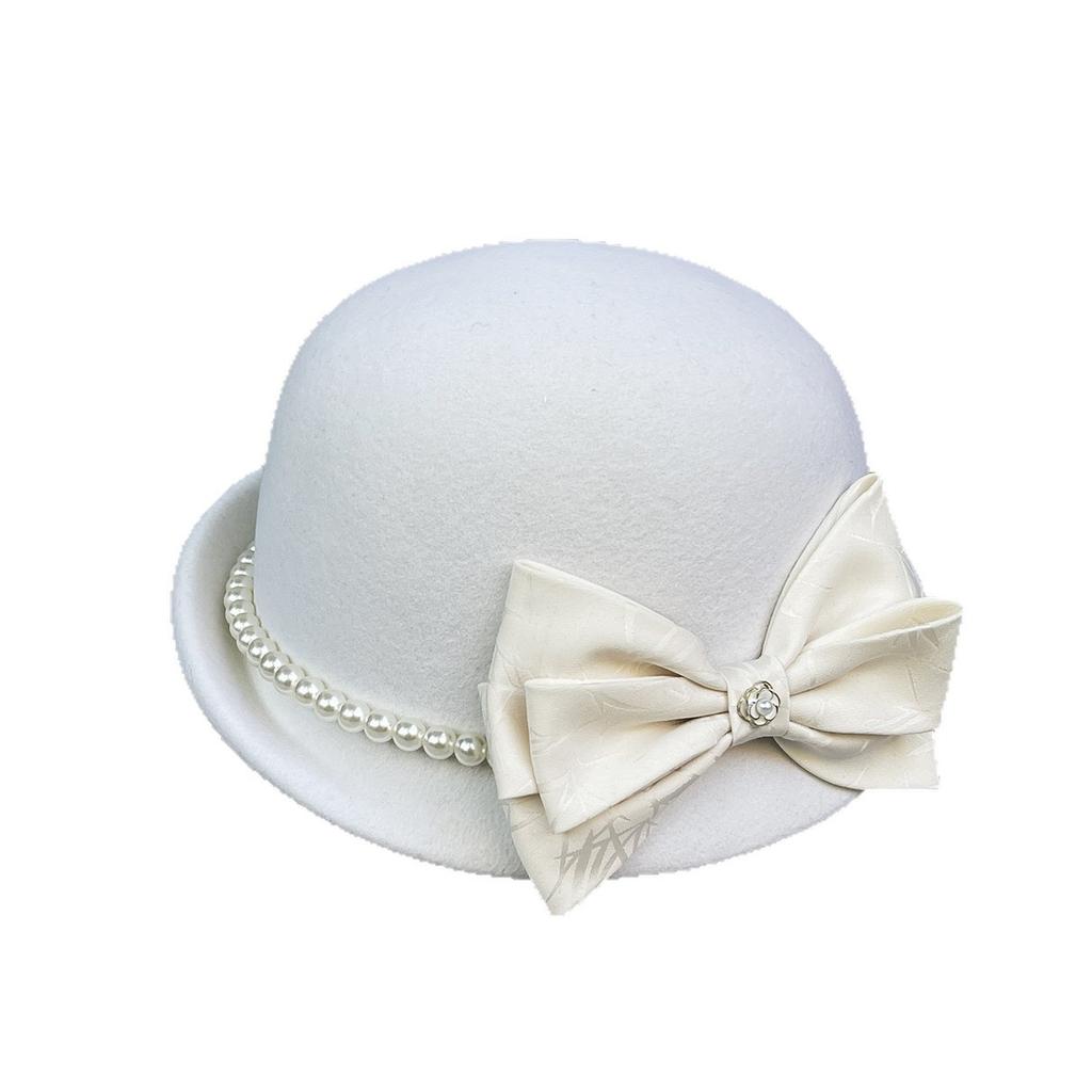 Xiaoxiangfeng Bamboo Leaf Dark Embroidery Bow Wool Beret Children'S Winter Australian Hair Top Hat Camellia Pearl Chain Felt Hat