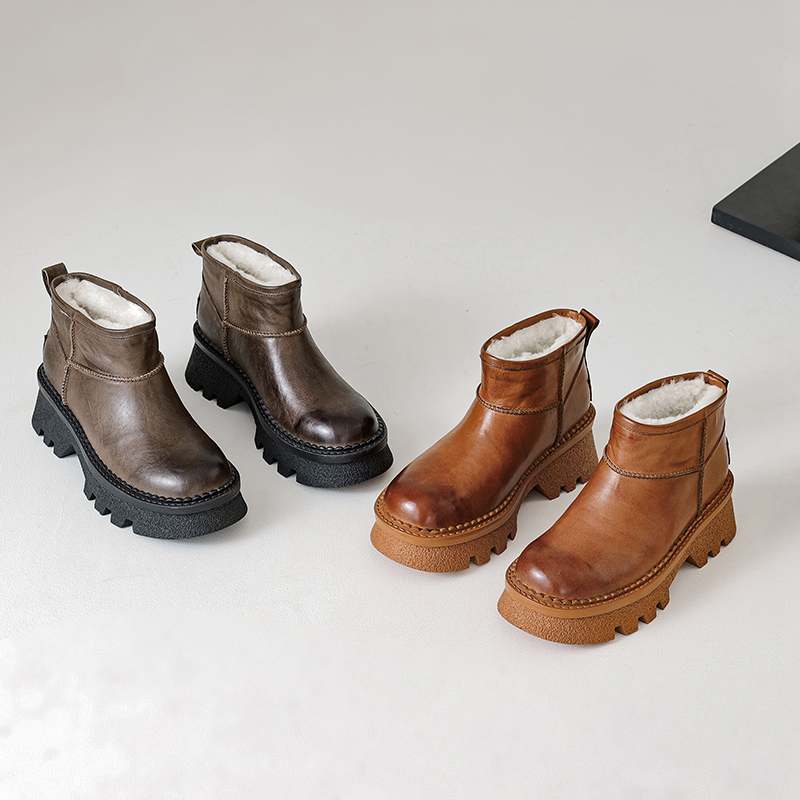 Krazing Pot Skóra Krowia Futro Wełna Zimowe Buty Śniegowce Damskie Utrzymujące Ciepło Wsuwane Europejski Design Odporne na Zimno Botki