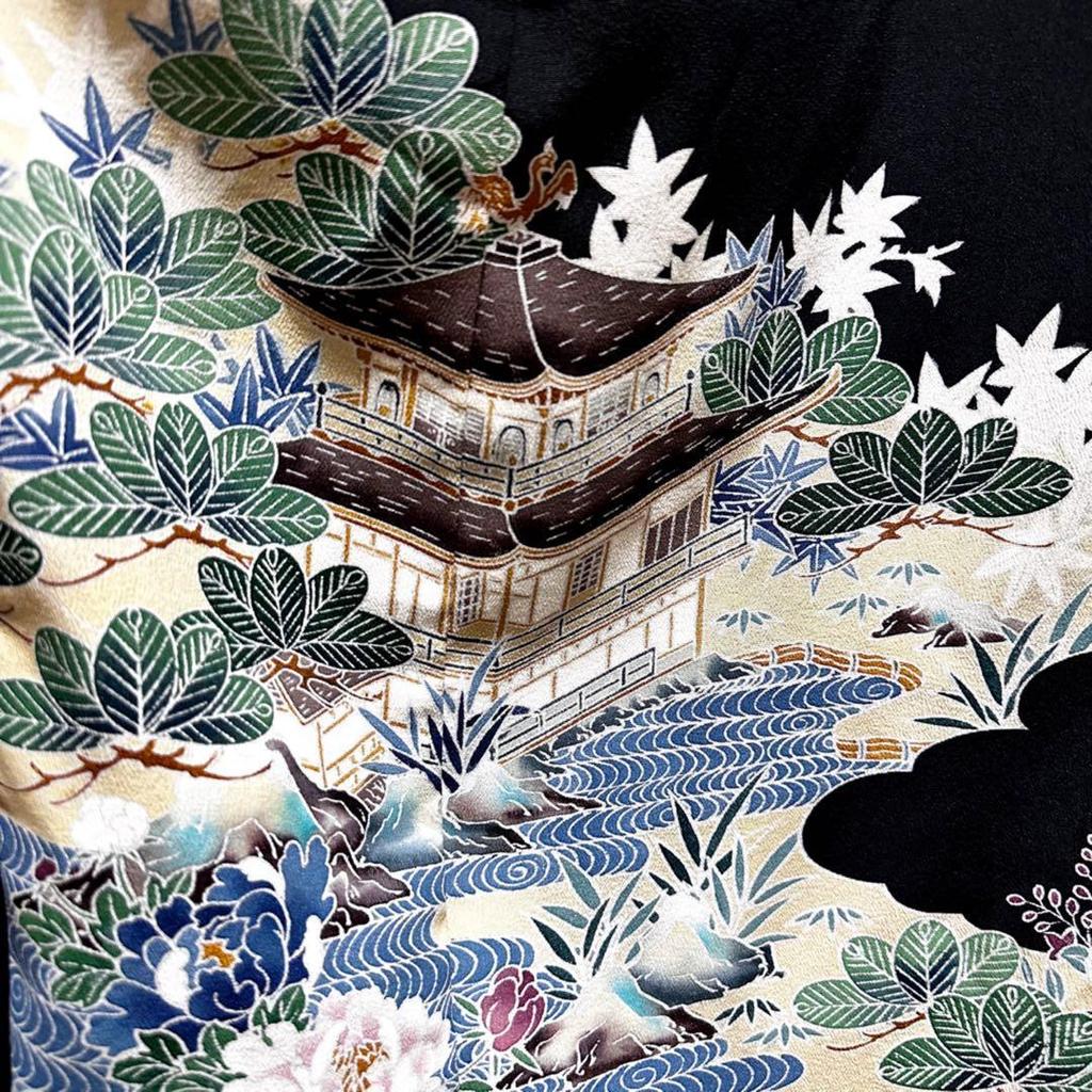 Used Tomesode Kimono Remake Dress, Kimono Sleeve Style, Japanese Pattern, One-piece Dress, Handmade, Houses and Flowers
