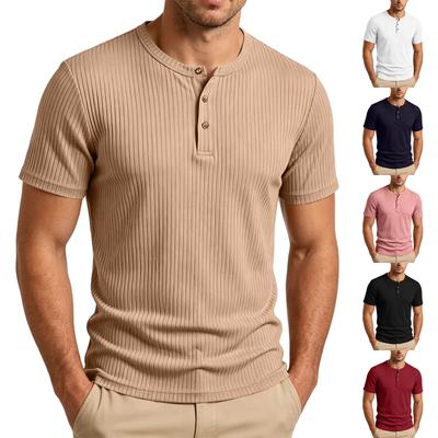 Men's Casual Lightweight Ribbed Henley Shirt Short Sleeve Buttoned Neck Slim Fit Soft Breathable Fabric Summer Top