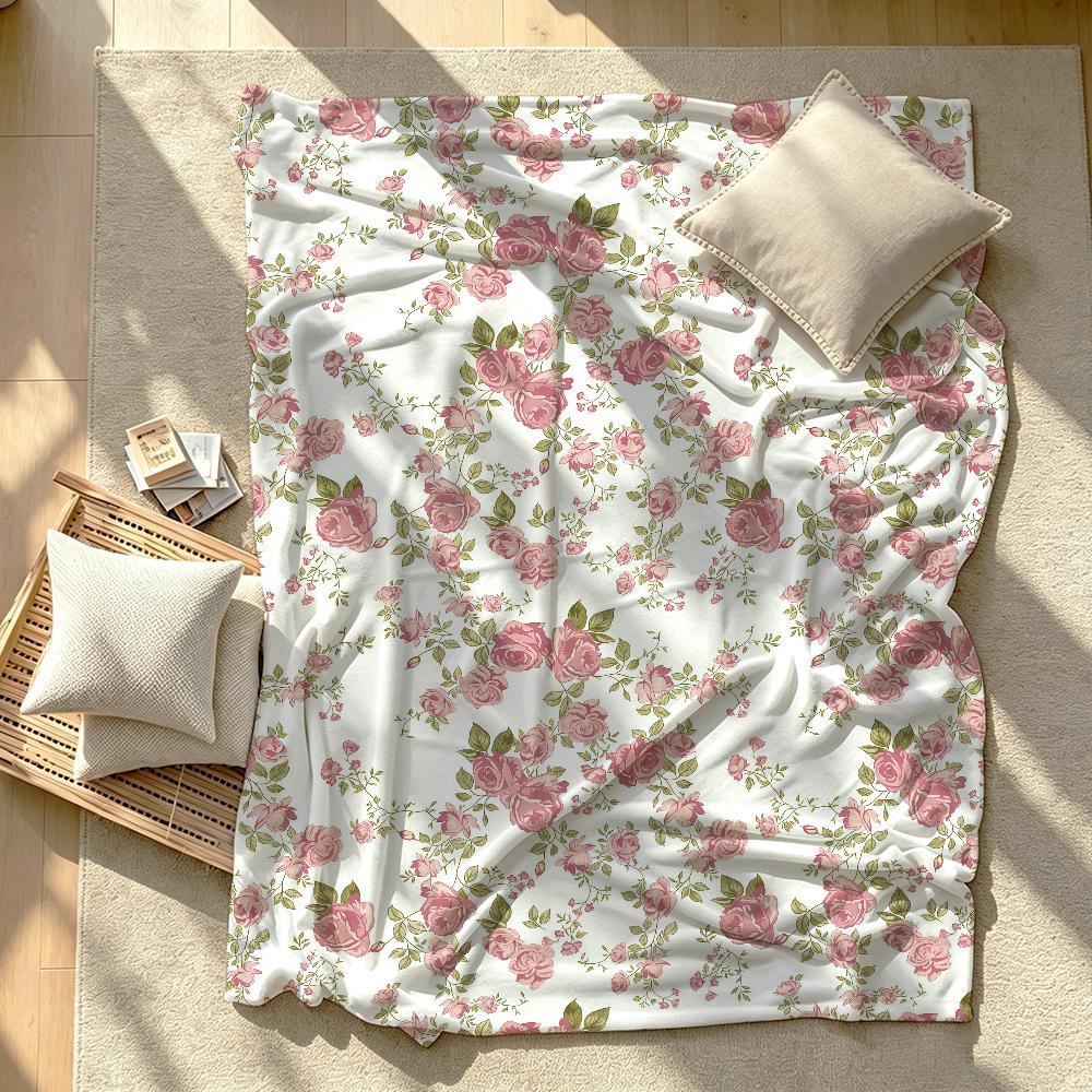 French Floral Print Pink Blanket Soft Warm And Thick Perfect For Bedroom Living Room Bed Sofa Camping Picnic Office Gift