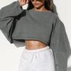 Round Neck Hoodie Women's Short Pullover Solid Sports Base Shirt Knitted T Shirt Loose Oversized Long Sleeve Top