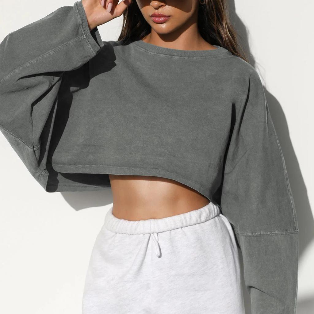 Round Neck Hoodie Women's Short Pullover Solid Sports Base Shirt Knitted T Shirt Loose Oversized Long Sleeve Top