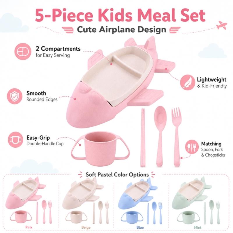Toddler Dinnerware Set with Cartoon Tray and Cup, 5 Piece Baby Feeding Set with Spoon Fork and Chopsticks for Family Dining