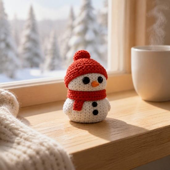 Festive Snowman Decor 3D Printed Knitted Figurine, Christmas Statue with Red Knit Decorative Hat and Scarf, Mini Sculpture for Holiday Desk Decoration