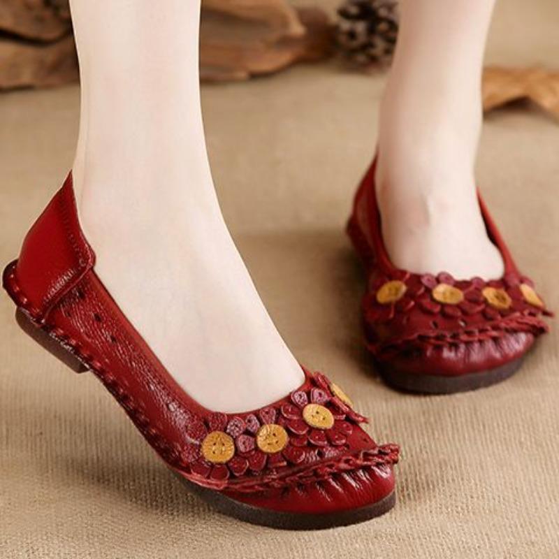 Vintage Flower Moccasins Woman Genuine Leather Ballet Flats Ladies Hollow Slip Women's Luxury Loafer Purple Walking Shoes 42