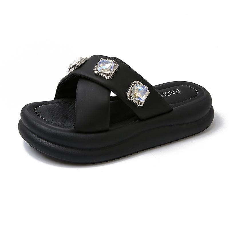 Platform Slippers Women's 2025 Summer New European Rhinestones Fashion Casual Wear One-word Sandals Women