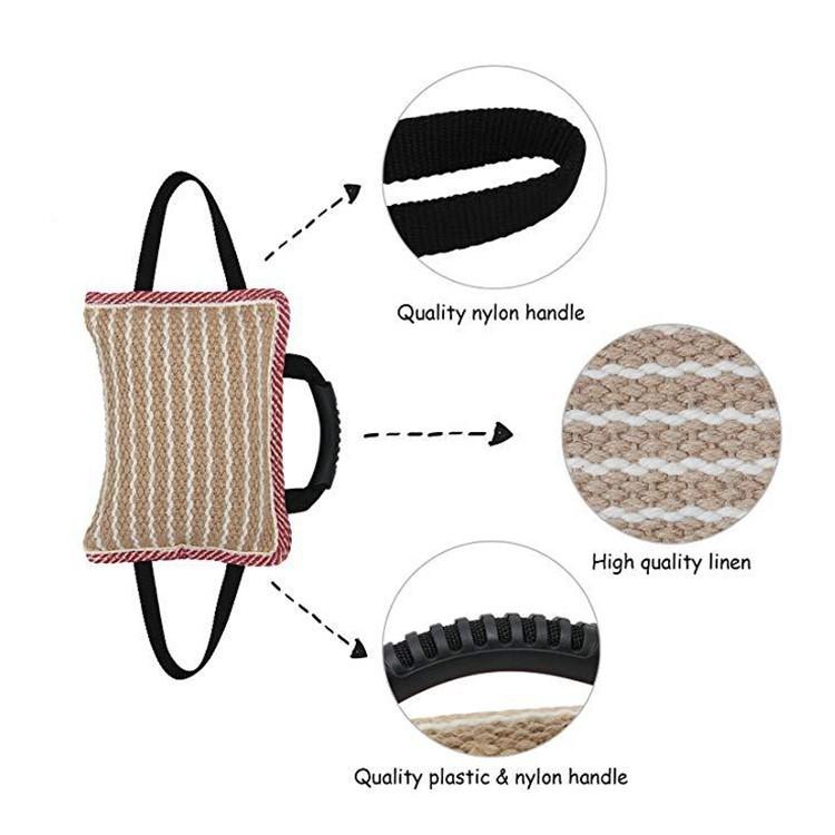 Linen Jute Dog Bite Pillow, 3-Handle Training Tug Toy for Malinois GSD Teeth Cleaning Interactive Play, Durable Chew Pet Toys