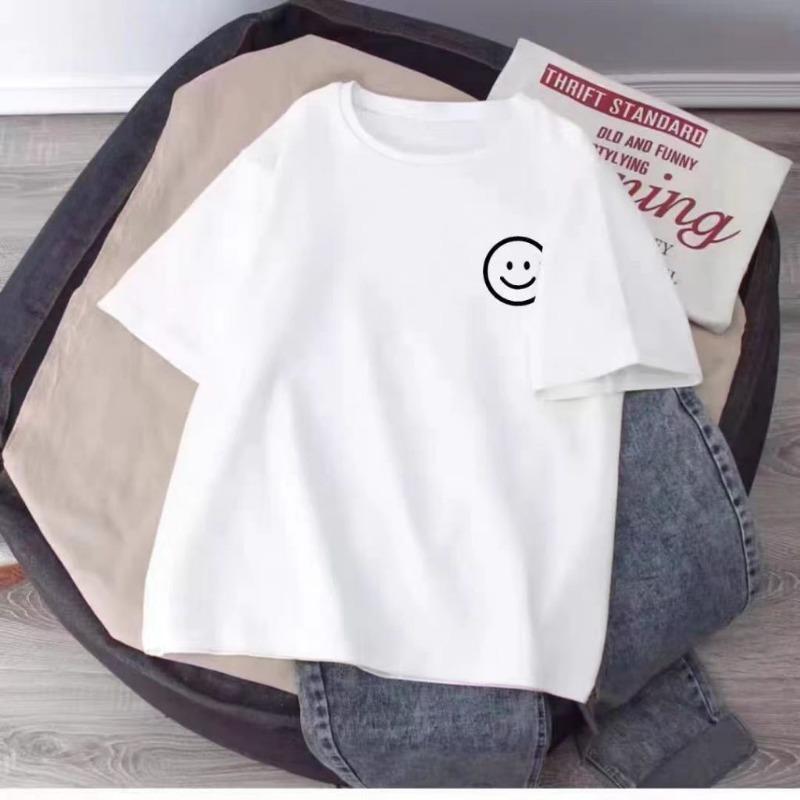 Smiling Face Print White T-shirt Summer 2025 New 100% Cotton Short Sleeve Tee Loose Casual Y2k Top Clothing