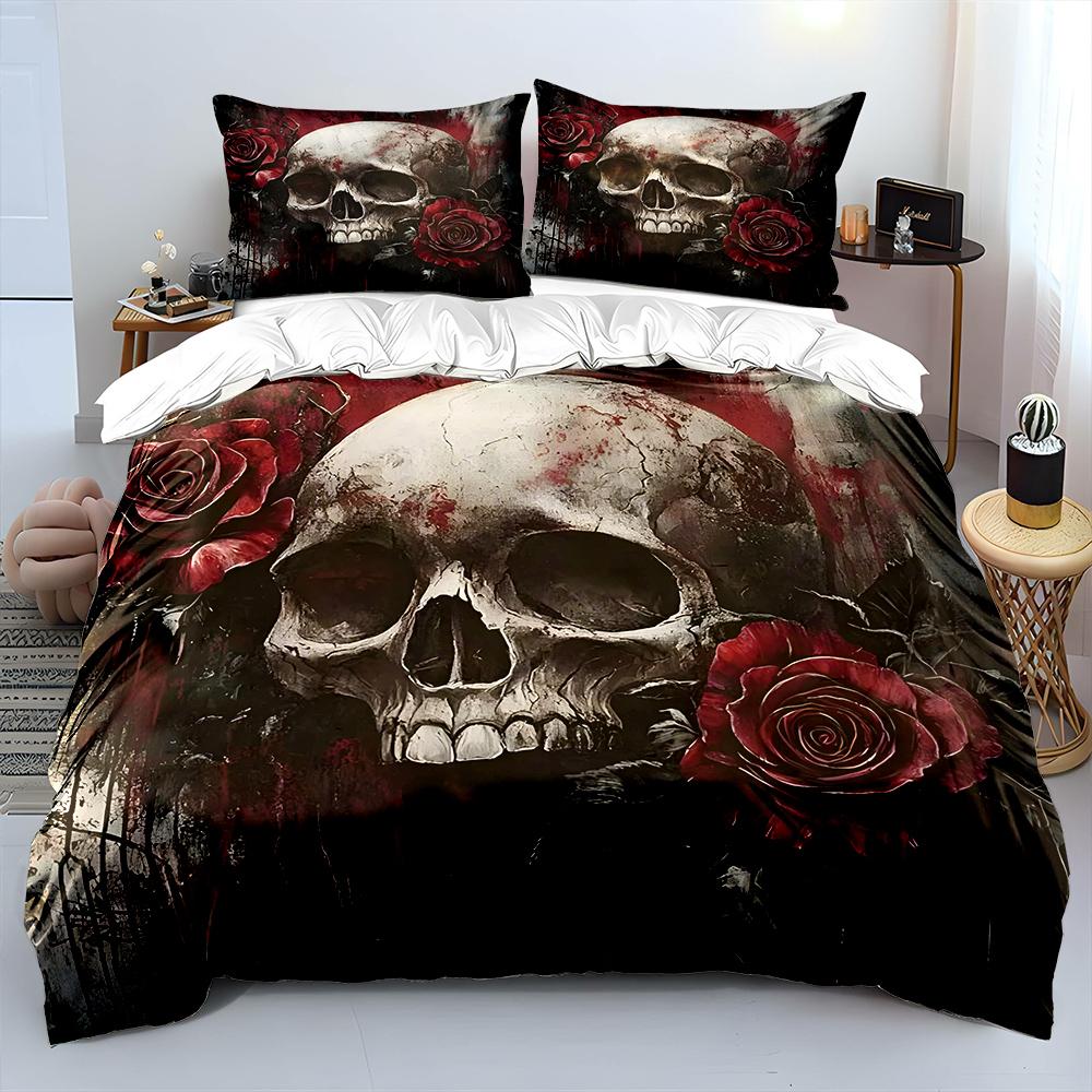 Dark series Skull and Red Roses Bedding Set for Kids Luxury Gift 3pcs Digital Print Comforter Set Soft Comfortable Breathable 135x200cm