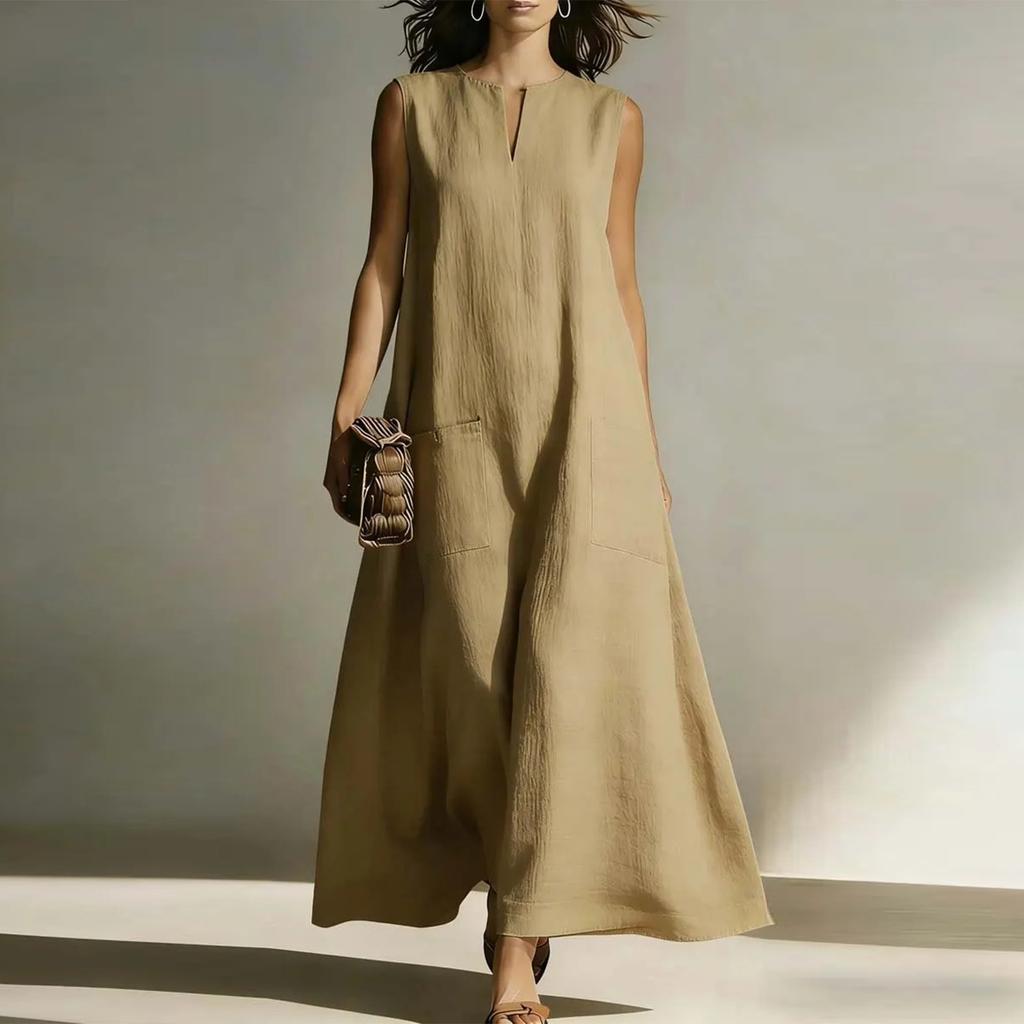 Sleeveless Long Maxi Dress for Women with Pocket Casual Loose Fit Crew Neck Summer Lightweight Sundress