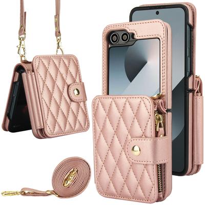 Crossbody Reißverschluss Kartenfach Geldbörse Lederhülle für Samsung Galaxy Z Flip 7 FE 6 5 4 Gittermuster Flip6 Flip5 Langes Lanyard Hülle
