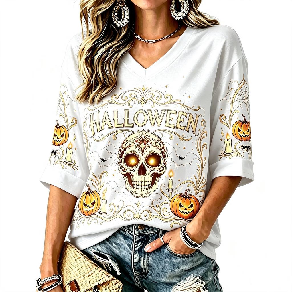 Women's Halloween Print V-Neck T-Shirt Casual Festive Party Top