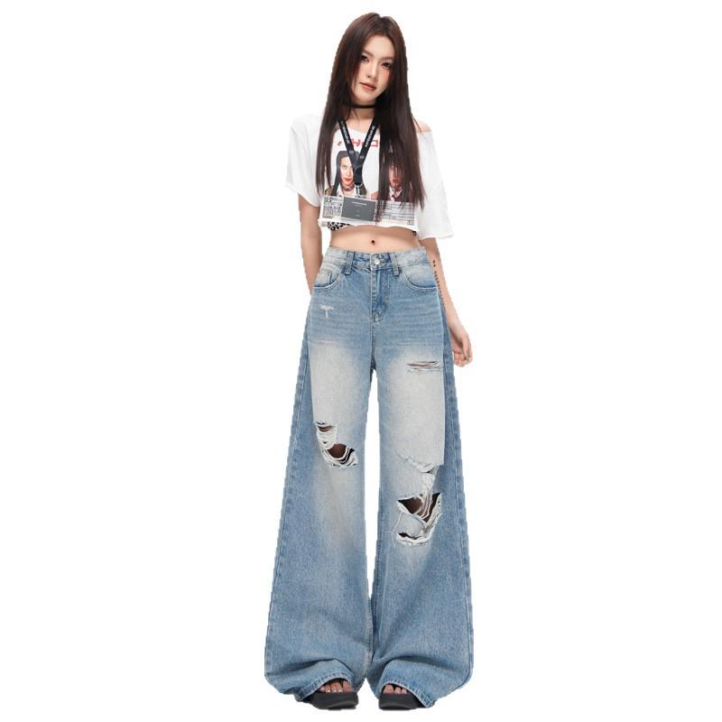 American retro ripped jeans women's new European and American personality high waist loose straight mopping wide leg pants