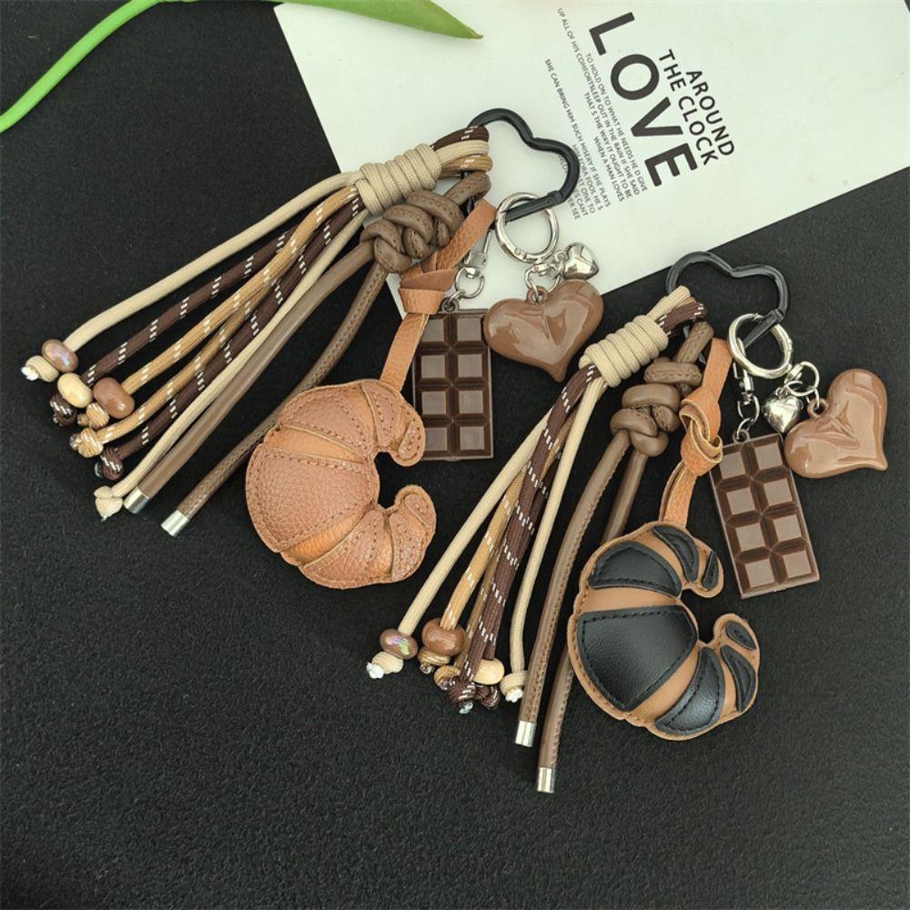 Hand-Woven Ladies Horn Bag Pendant Diy Braided Rope Pu Leather Bread Keychain  Kids Gifts