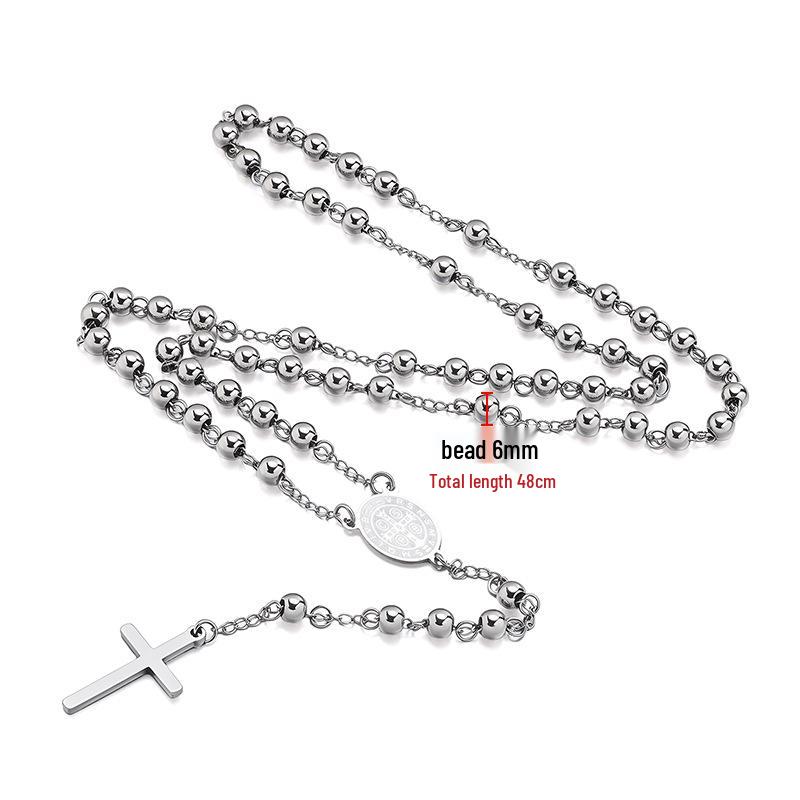 Stainless Steel Cross Rosary Necklace with Virgin Mary Pendant
