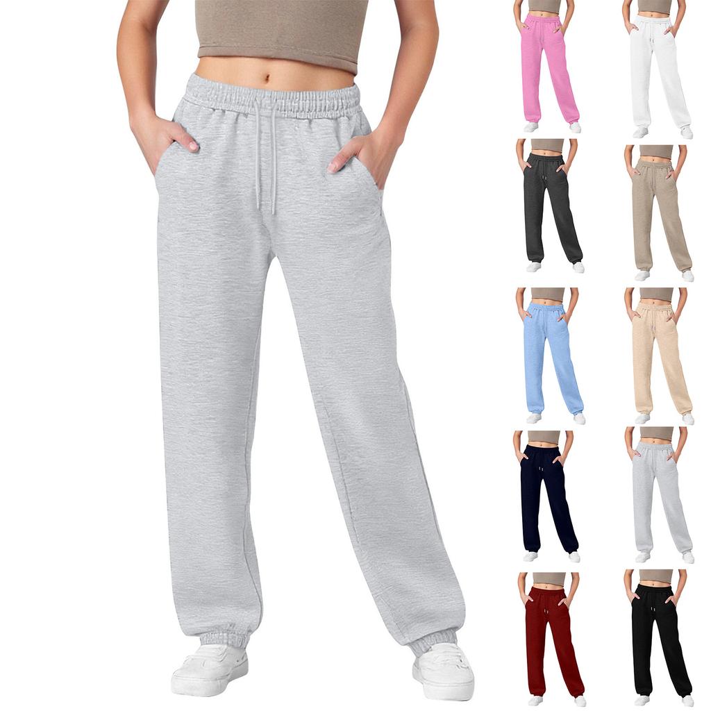 Women's Wide Leg Sports Pants Yoga Straight Mid-Rise Drawstring Elastic Low-Waist Clothing With Pockets