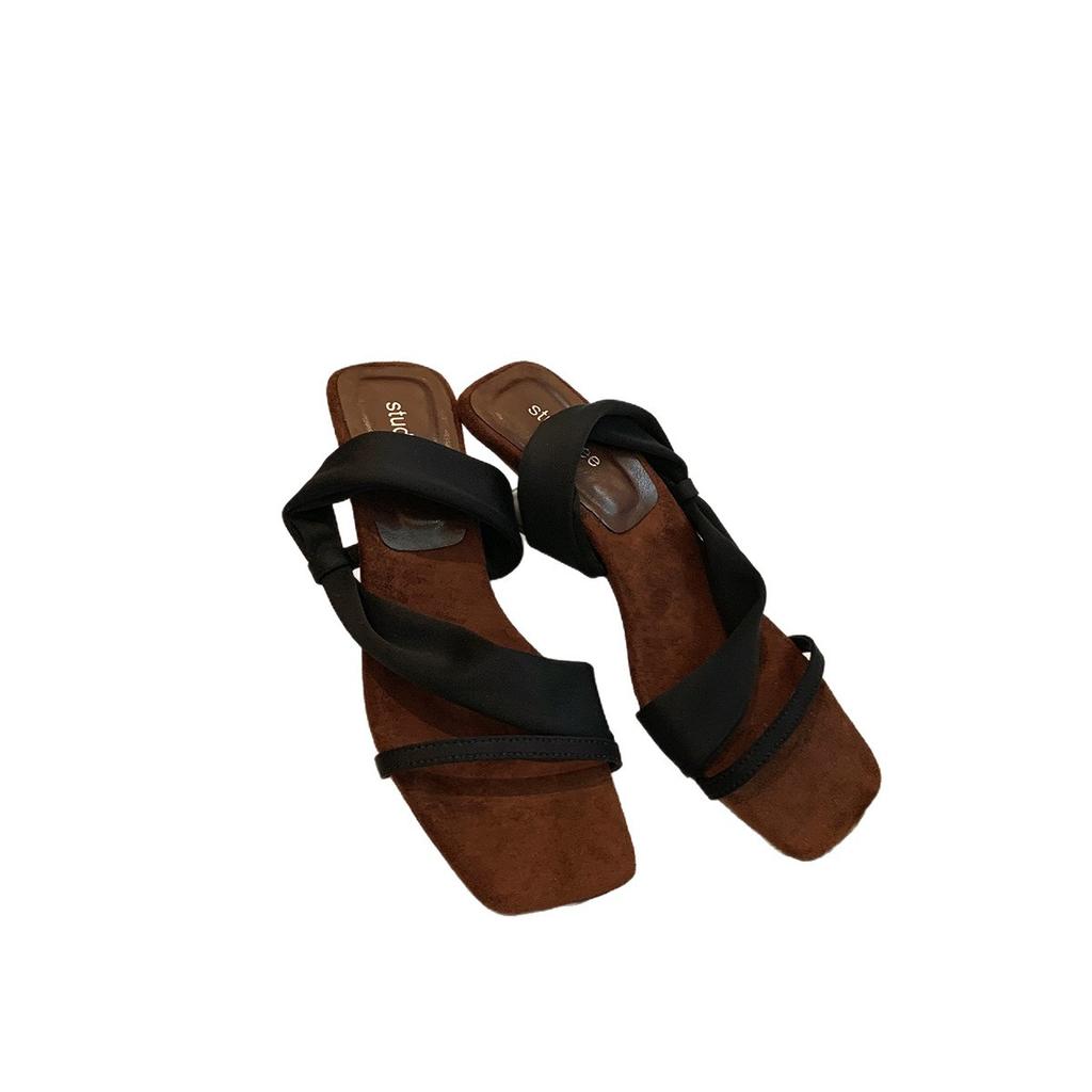 Grape mother of the same style, heel height 5.5cm~ temperament square head with open-toed thick heel slope heel cool slippers women