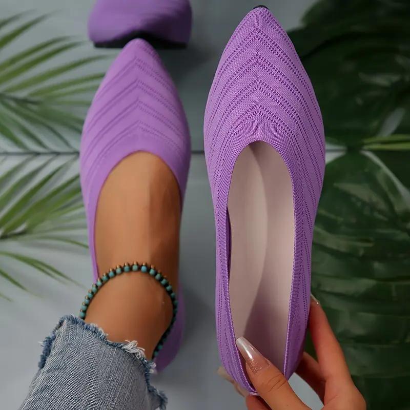 Dámské ploché boty se špičatou špičkou Jednobarevné Pletené slip-on boty Ležérní Prodyšné ploché boty Dámské ploché mokasíny Pohodlné dámské boty