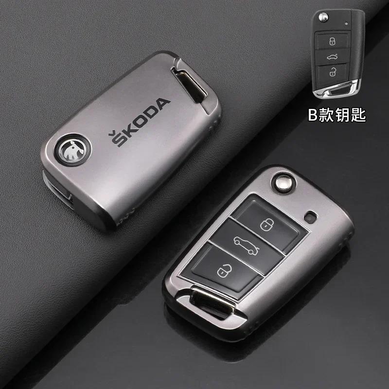 

TPU Car Flip Remote Key Fob Case Cover Protector Shell Bag For Skoda Octavia A5 A7 Fabia Superb Kodiaq Karoq Keychain Accessory B-black
