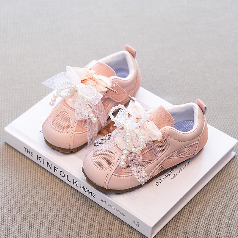 Dexun Shoes Classmate 2025 Autumn Korean Version Pearl Lace Bow Girls Low-top Children's Shoes Spot Fashion