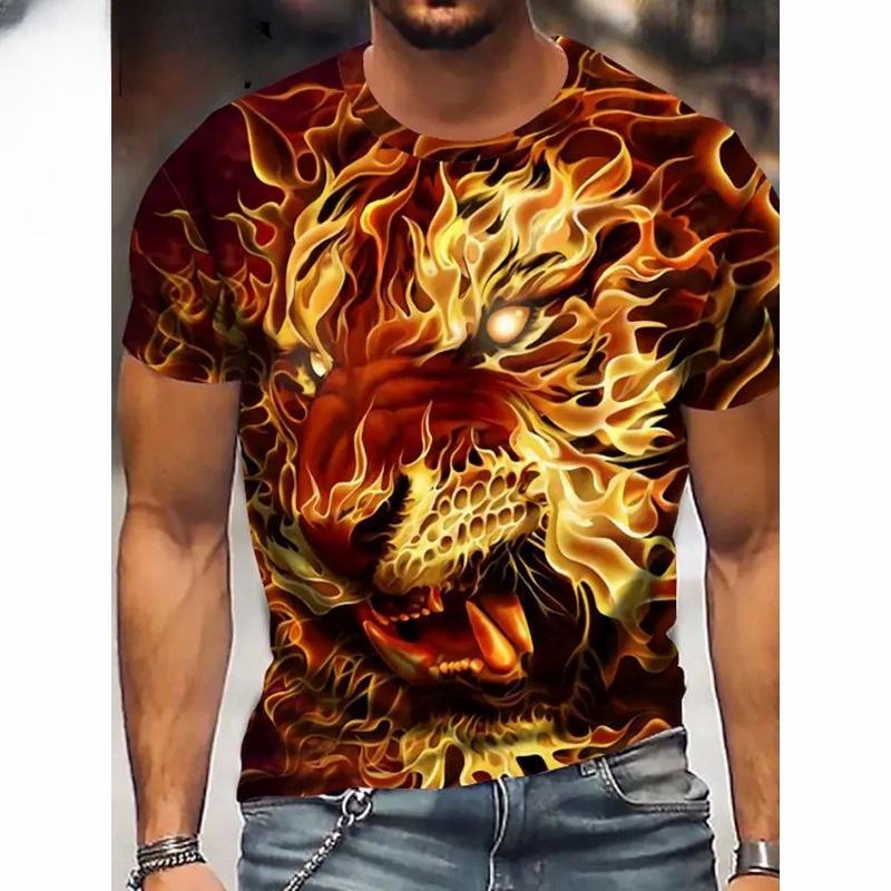 Męski T-shirt z krótkim rękawem z okrągłym dekoltem i nadrukiem cyfrowym 3D tygrysa - Modny Oddychający Wygodny Top na Lato Oversize