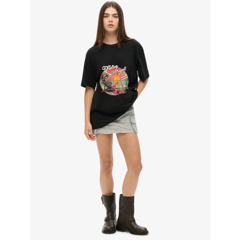 Women's Short-Sleeve T-Shirt with Retro Distressed "Feeling Alright" Beach Skeleton Print