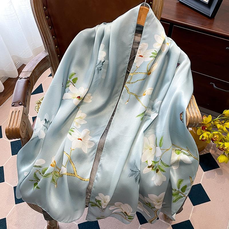 Luxury Brand 100% Real Silk Scarf Women Designer Shawls and Wraps Elegant Floral Print Pashmina Soft Long Scarves Femme Hijab