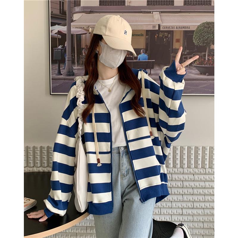 Women's Striped Cardigan Hoodie - 2023 Autumn/Winter Korean Trend, Loose Fit, Slimming Style