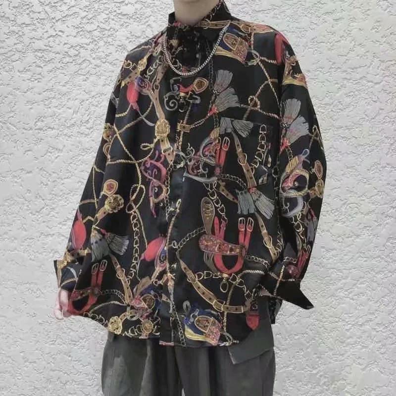 Men's Hong Kong-Style Retro Chain Print Loose Long-Sleeve Shirt