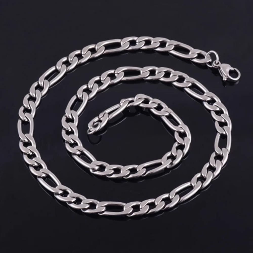 TEMU 6mm Stainless Steel Figaro Necklace: 3-in-1 European & American Style with 3mm NK Titanium Steel Side Chain