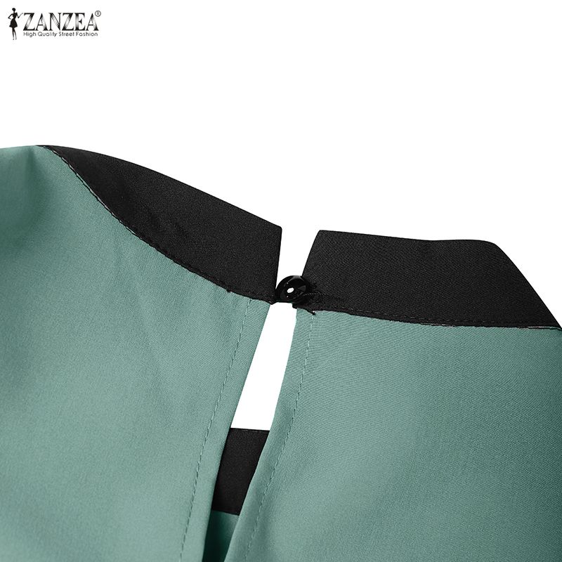ZANZEA Damen Casual Rundhals Langarm Lose Patchwork Langes Kleid