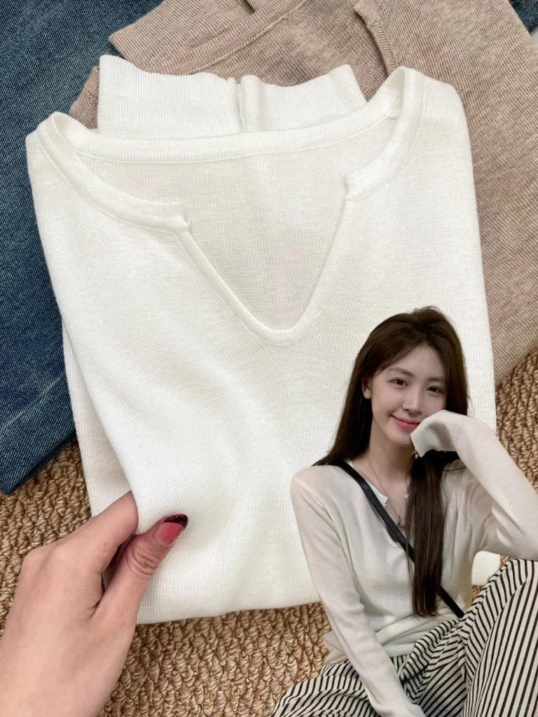 Niche versatile loose collar with long-sleeved knitted sweater women's spring temperament soft waxy and thin bottoming top