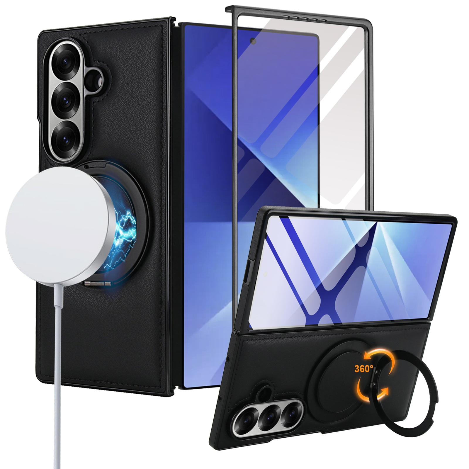 

Для беспроводного зарядного чехла Magsafe для Samsung Galaxy Z Fold 7 Fold 6 5 4 3 Магнитная вращающаяся подставка-чехол Пленка из закаленного стекла For Galaxy Z Fold 7 чёрный