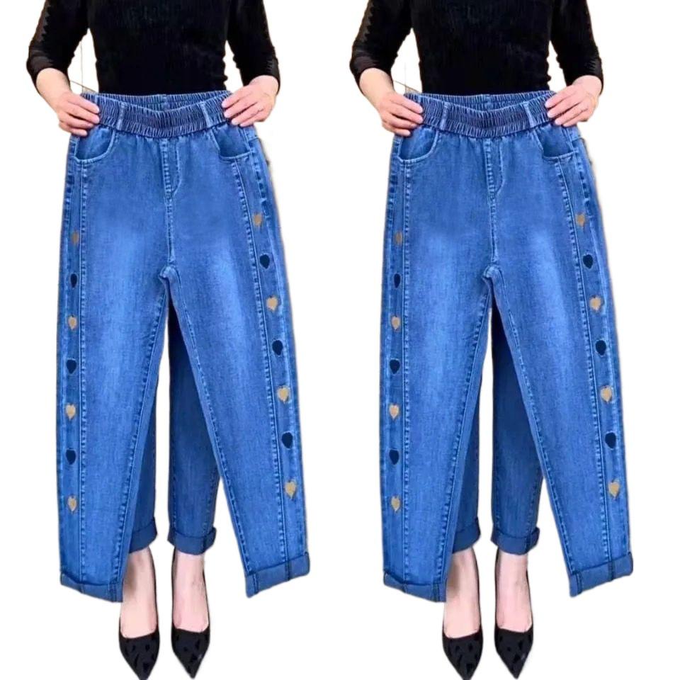Trendy High-Waisted Elastic Denim Harem Pants for Middle-Aged & Elderly Mothers - Lightweight Spring/Summer Style