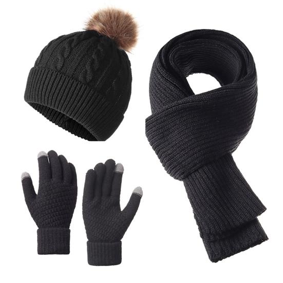 3Pcs/Set Women Winter Hat Scarf Gloves Set Plush Ball Decor Twist Texture Knitting Hat Long Scarf Warm Gloves Set